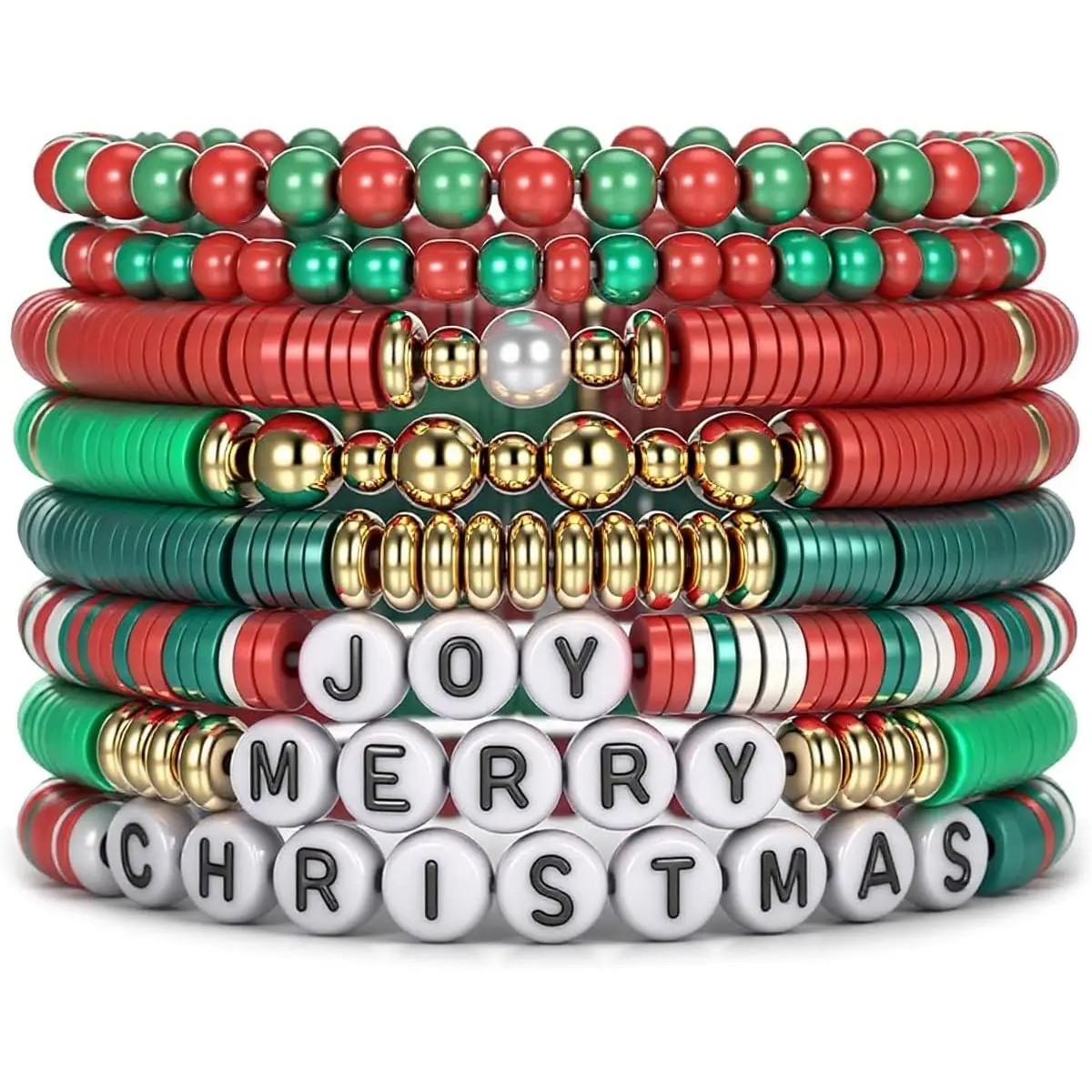 7-8 Pcs Christmas Heishi Bracelet for Women, Cute Alloy Bracelet Stretch Bracelets Set Polymer Clay Bead with Letter Charms