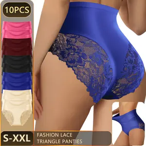 QUASTI 10PCS Women’s High Waisted Panties, Crisscross Lace Fresh Basic it Underwear, No Show Silky Soft Stretchy Briefs, Full Coverage Everyday Panty for Women S-XXL