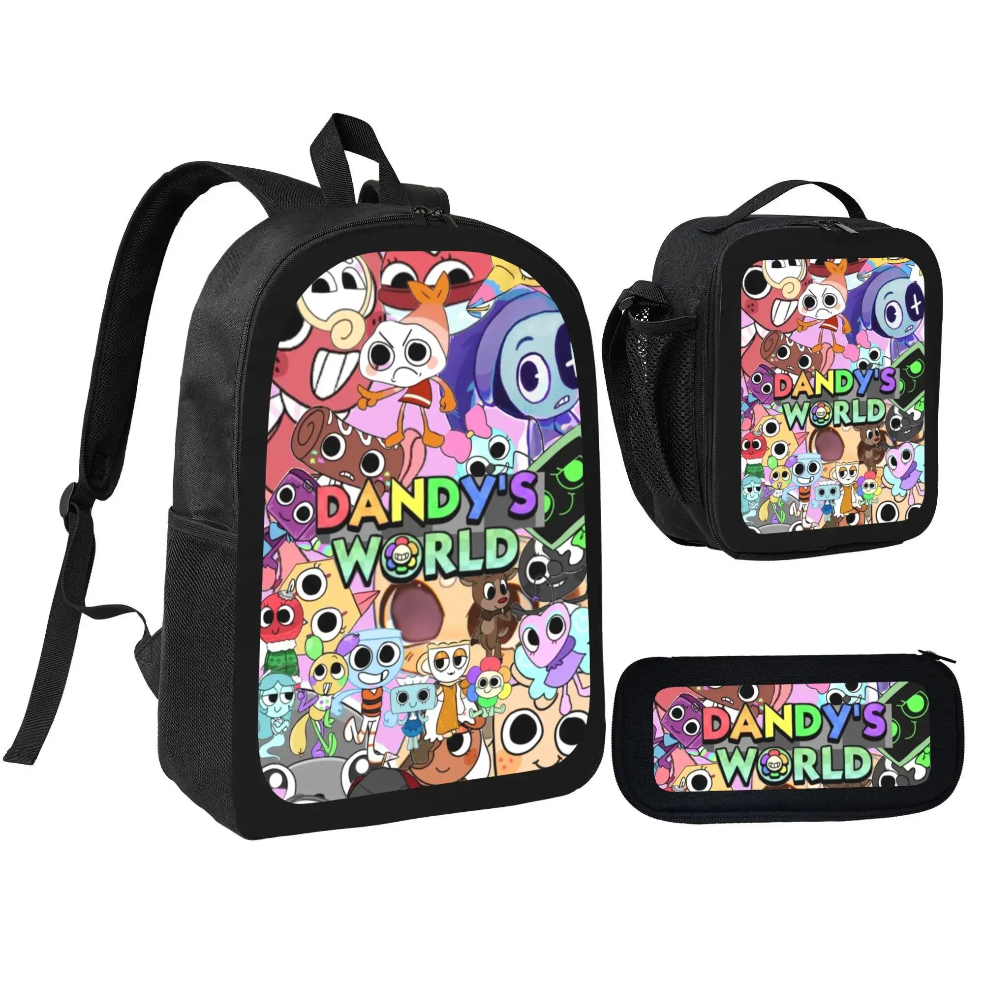 Dandy's World Game Print 3-in-1 Unisex School Backpack Set, Synthetic Material School Supplies - Insulated Thermal Lunch Bag, Big Zipper Pencil Case, Breathable Adjustable Straps, Chain Accent Daypack