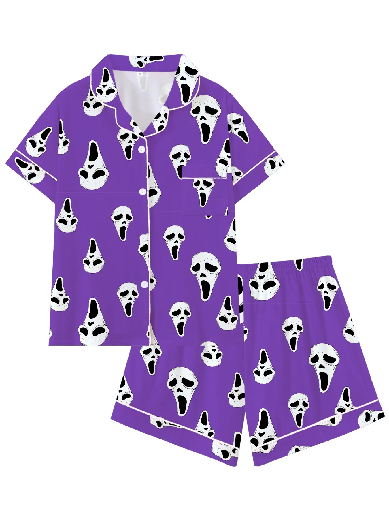 Halloween Skull Print Women's Pajama Set, Fashion Casual Cool Home Wear Loungewear, Short Sleeve Shorts, Spring & Fall Loose-Fitting