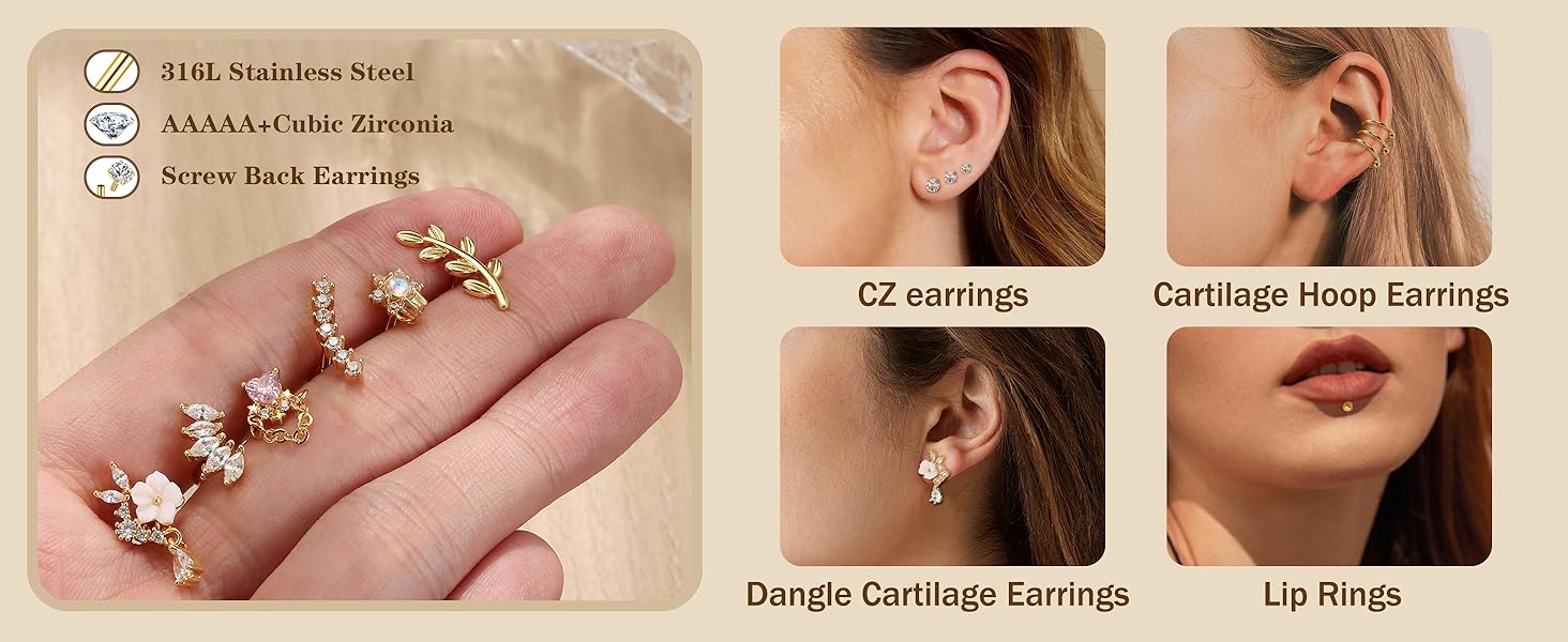 FIBO STEEL 23 Pcs Stainless Steel Cartilage Earring Conch Piercing Jewelry Opal CZ Labret Jewelry Cartilage Stud Helix Earrings Tragus Earrings for Women 16G 20G