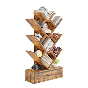 Garvee Modern 7-Tier Tree Bookshelf with LED Lights & Fabric Drawer – Space-Saving Vertical Bookcase for Office, Living Room, Bedroom – Industrial White Wood – Ideal for Small Spaces