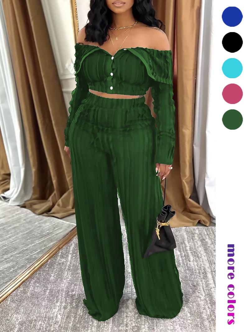 Lady 's Solid Off Shoulder Top & Wide Leg Pants Set, Elegant Loose Fashion Casual Two Piece Outfits for Daily Outdoor Wear, Casual Summer Set, Women Clothes for All Seasons, Womenswear