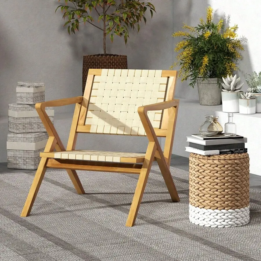 Teak Wood Patio Chair W/Webbing Seat & Backrest Mid-Century Accent Chair