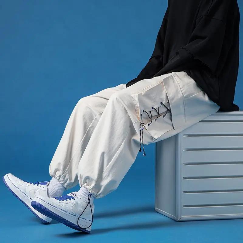 Kyn Apparel Spring Summer Casual Sport Cargo Baggy Sweatpants Men Harajuku Lightweight Joggers Pants Straight Apicot White Wide Trousers