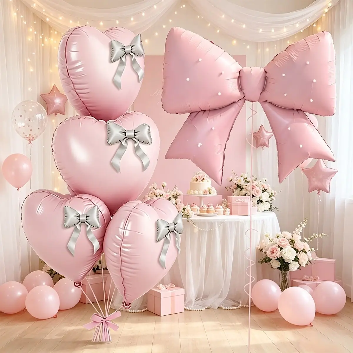 1 set of 28 pieces, 8 23 "love balloons and 2 38" helium bow aluminum foil balloons, beige black pink love balloons, pink pearl bow balloons, suitable for women's Valentine's Day, Boudoir Day, bridal shower, engagement birthday party decoration