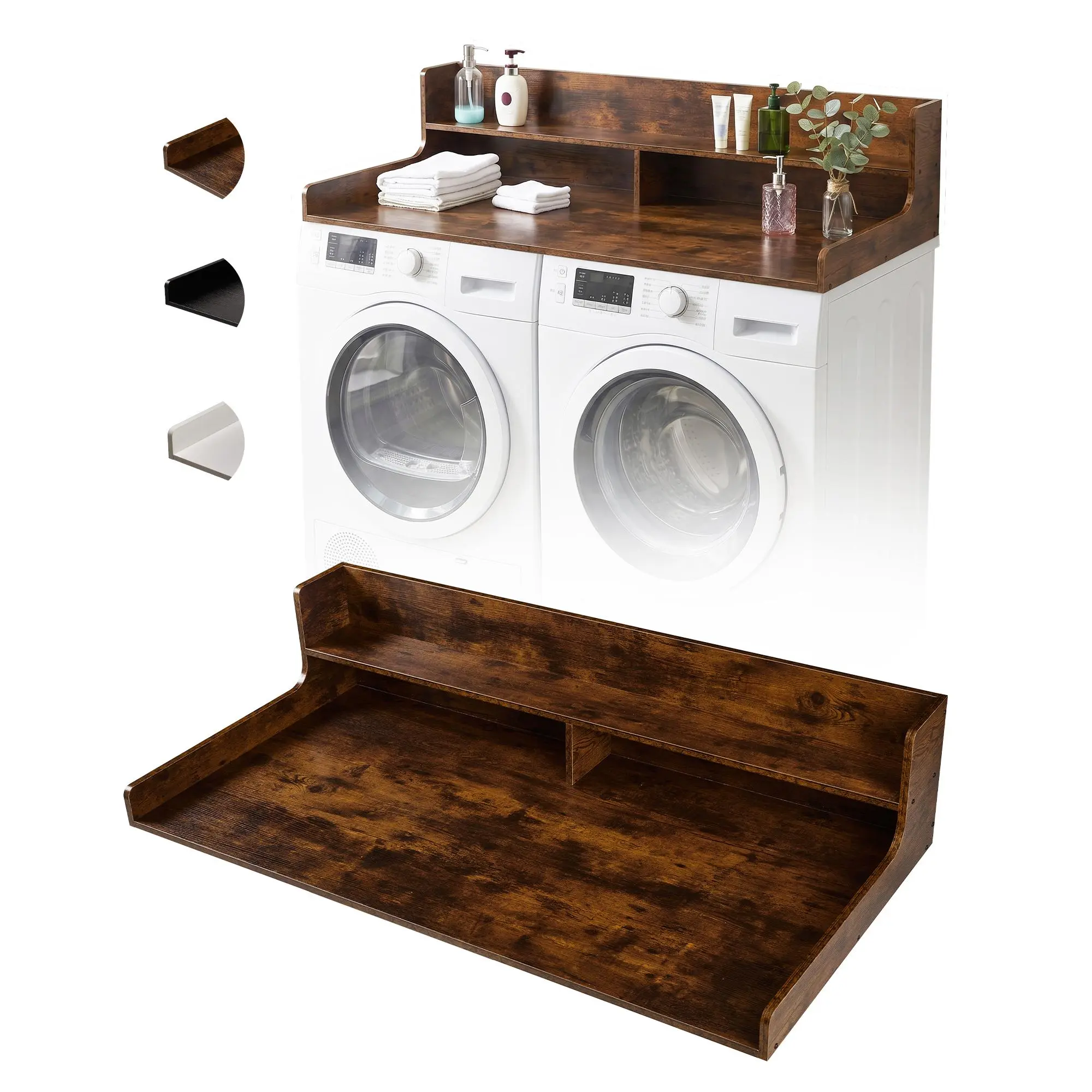Heavy Duty Laundry Shelf Over Washer and Dryer – 54" x 27.5" Wooden Organizer with 12" Edge Rails, Non-Slip Pads, Ideal for Folding and Storage, Farmhouse Style Table Top – Walnut