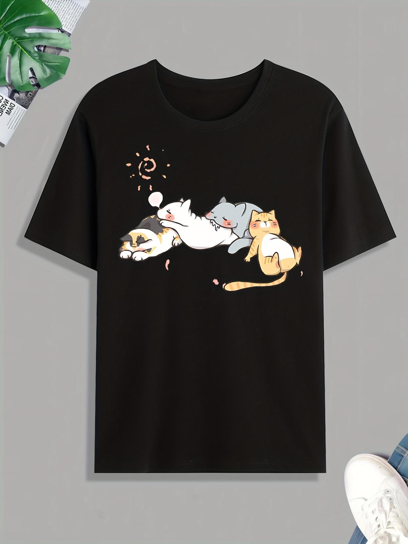 Men's fashionable casual printed short-sleeve T-shirt with cute cat illustrations, comfortable crew neck T-shirt for summer outdoor sports