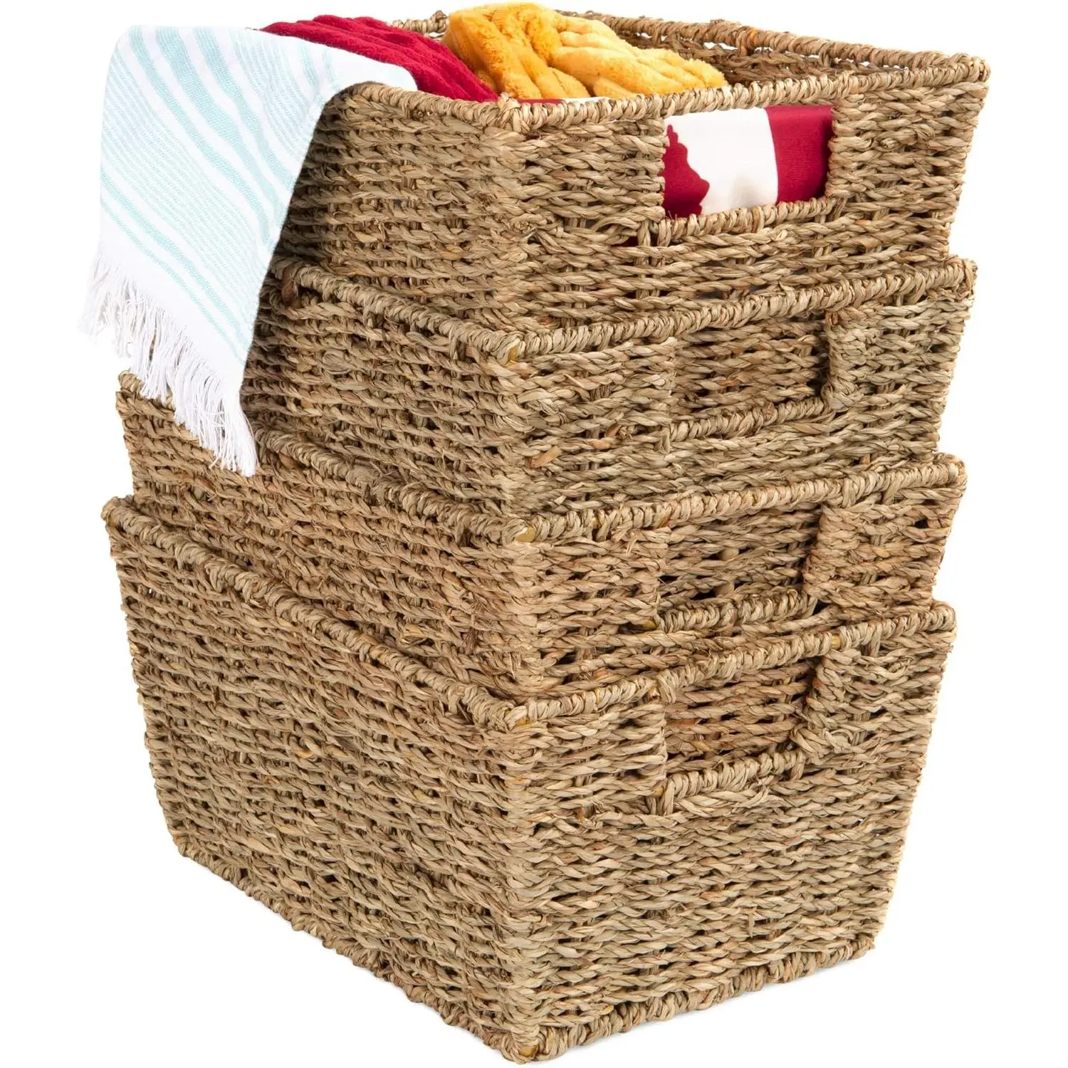 Natural 4-Pcs Handwoven Seagrass Storage Baskets Set - Heavy Duty 26 lbs Capacity, Metal Insert Side Handles, Stackable Totes with 12.2"(l)x8.7"(w)x6.3"(h) Size for Pet Supplies, Beauty Products Item Organization