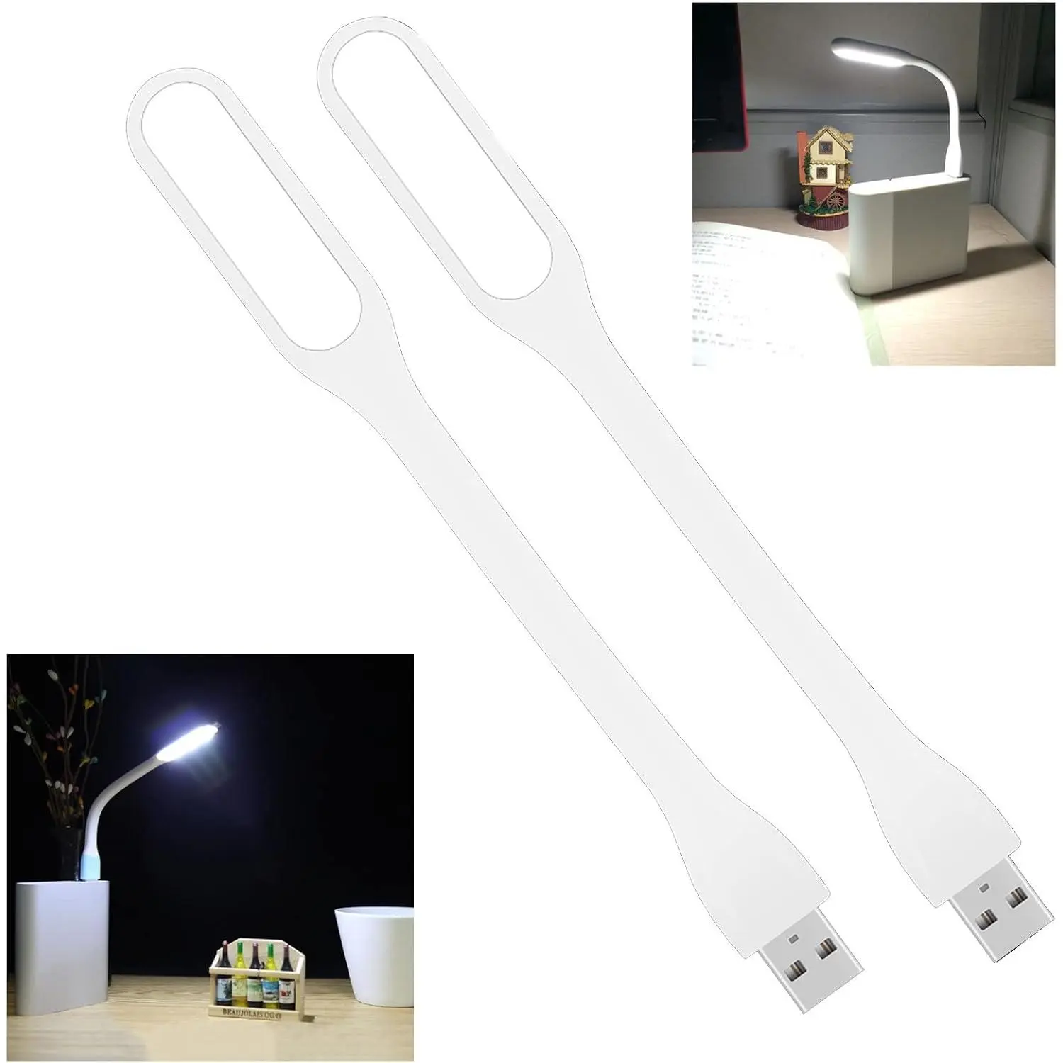 2-Pack White Adjustable Flexible Arm Modern USB & Mobile Lights (Model 1) - USB-Based Portable Lamp, Plastic/Metal, for PC Laptop/Phone Reading Night Use, Light Up Your Space, Usb-Based Portable Usb & Mobile Lights, Two Packs