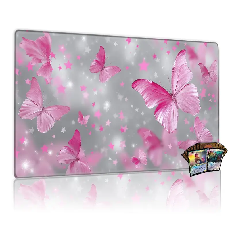 Whimsical Pink Butterflies Magic Playmat - 12x24inch Non-Slip TCG MTG Mouse Pad, Perfect for Family Gatherings Card Games & Great Gift, Soft Pastel Glowing Sparkle Design
