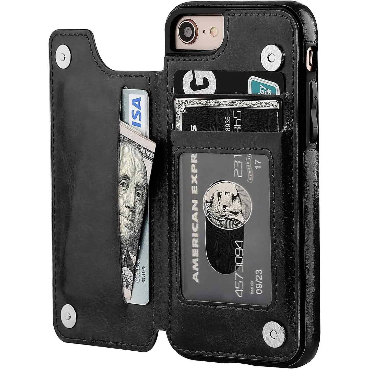 Synthetic PU Leather Wallet Case for iPhone SE(2022)/SE(2020)/8/7 - Black, Kickstand, ID Card Holder with Card Slots, Double Clasp, Shockproof Cover for Women and Men
