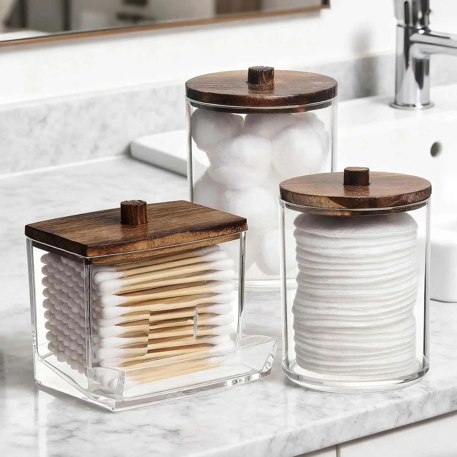 Acrylic Bathroom Storage Jars With Dark Brown Lids, 3 Pack Clear Vanity Organizer Containers for Cotton Swabs Cotton Balls Makeup Pads