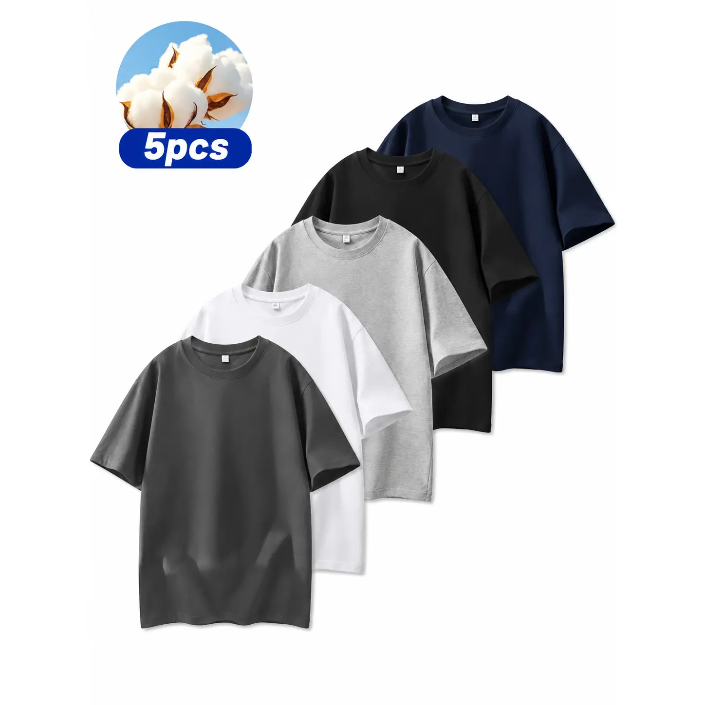 5-pack of unisex 100% cotton blank crew neck T-shirts, available in multiple colors, soft and short-sleeved, perfect for everyday casual wear.cotton tee shirt