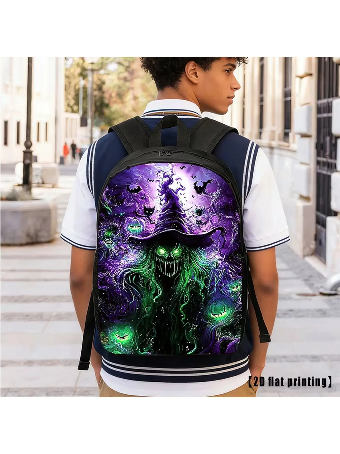 Halloween Spooky Evil Witch Backpack, Purple Green Gothic Horror Pumpkin Bat Print Daypack for Boys Girls Teens School Travel