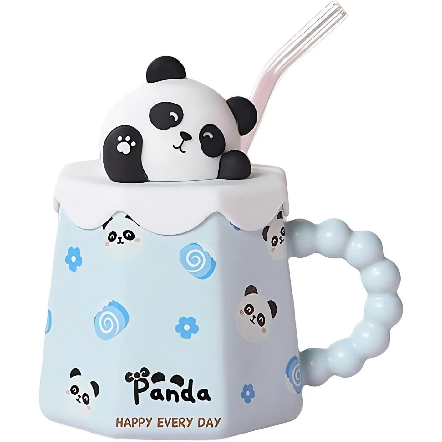 14 Oz Kawaii Ceramic  Coffee Cup Mugs w/Straw  Stuff -Blue - Panda | Funny  Mug Panda Mug Birthday Gifts for Women Girls  Lovers Cute Mugs For Women Kawaii Mugs