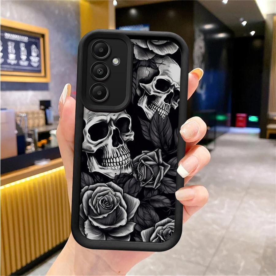 Phone Case for Samsung Galaxy A16 A55 A25 A35 A15 A54 A34 A14 A24 A53 A33 A23 A13 A52 A32 A22 A12 A51 A71 A72 A73 Cover Protective High-Quality Soft Shockproof Funda Gray Skull Rose