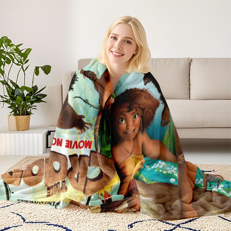 Soft Flannel Throw Blanket, DreamWorks The Croods Movie Poster Art Blanket, Cozy Grug & Eep Cartoon Blanket for Couch Bed, Aesthetic The Croods Movie Decorative Blanket Gift for Kids & Fans