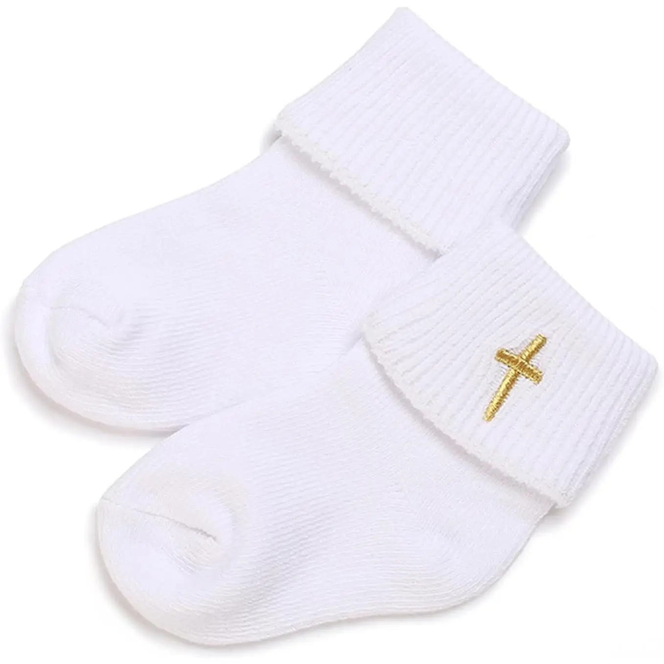Newborn Baptism Socks,White Cotton Turn-Cuff Christening Ankle Crew Socks with Cross Baby Boys & Girls