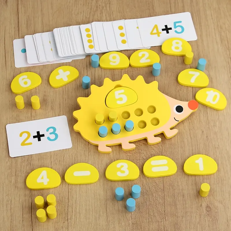 Hedgehog Ten Frame Wooden Toy, Cartoon Montessori Style, Math Addition Subtraction Tool, Early Learning Educational Toy for Kids