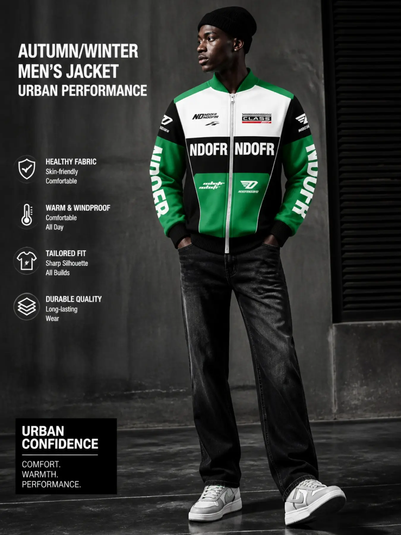 Men's Block Motorcycle Race Pattern Full Zip Baseball Jacket, Retro Sleeve Letter Print Windproof Jacket, Streetwear Fall Winter Outerwear