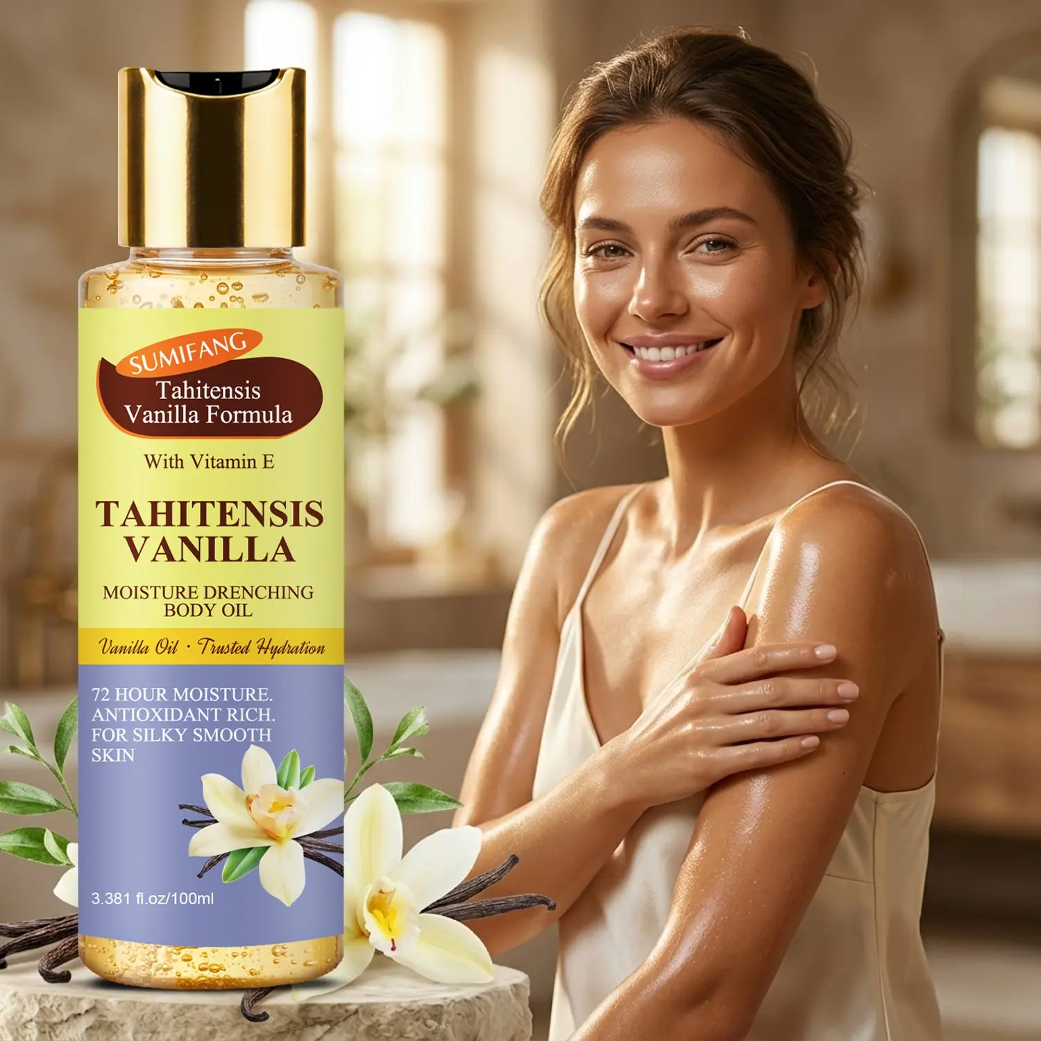 SUMIFANG | Tahitian Vanilla Deep Hydrating Body Oil | Vanilla Oil + Vitamin E + Collagen Peptides | • Deeply moisturizes • Reliable vanilla oil formula • | Daily body moisturizing and massage care | Moisturizing Body Oils