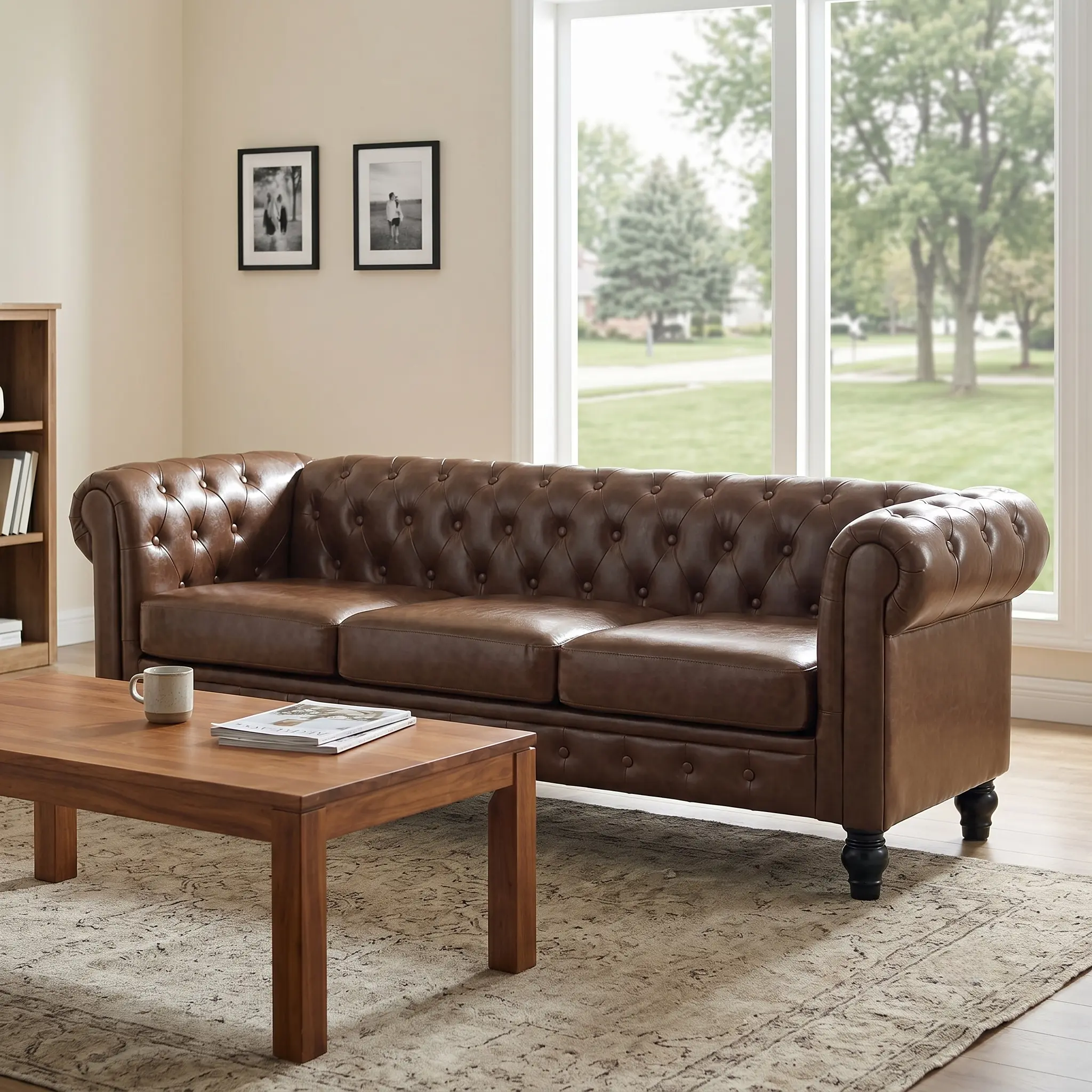 Nokaa 3-Seat Sofa Couch for Living Room, Faux upholstered Tufted Back with Rolled Arms, Brown PU Upholstered Traditional Sofa on Solid Wood Frame, High-Resilience Sponge Cushions, Easy Assembly, Brown Color