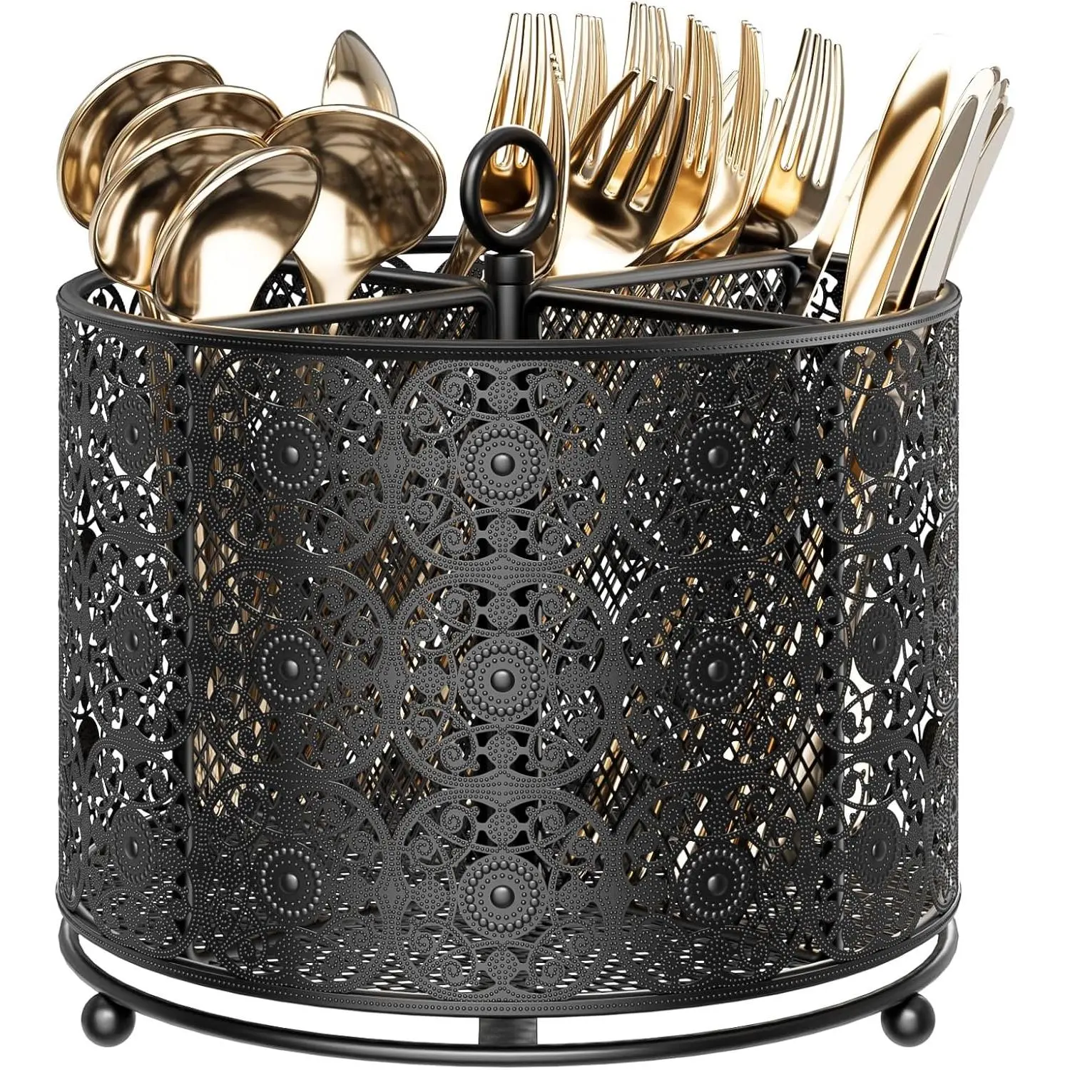 360° Rotating Utensil Caddy Countertop - Cutlery Silverware Caddy Holder with 4 Compartment - Higher Raised Flatware Organizer with Handle for Party Kitchen Counter Office Black