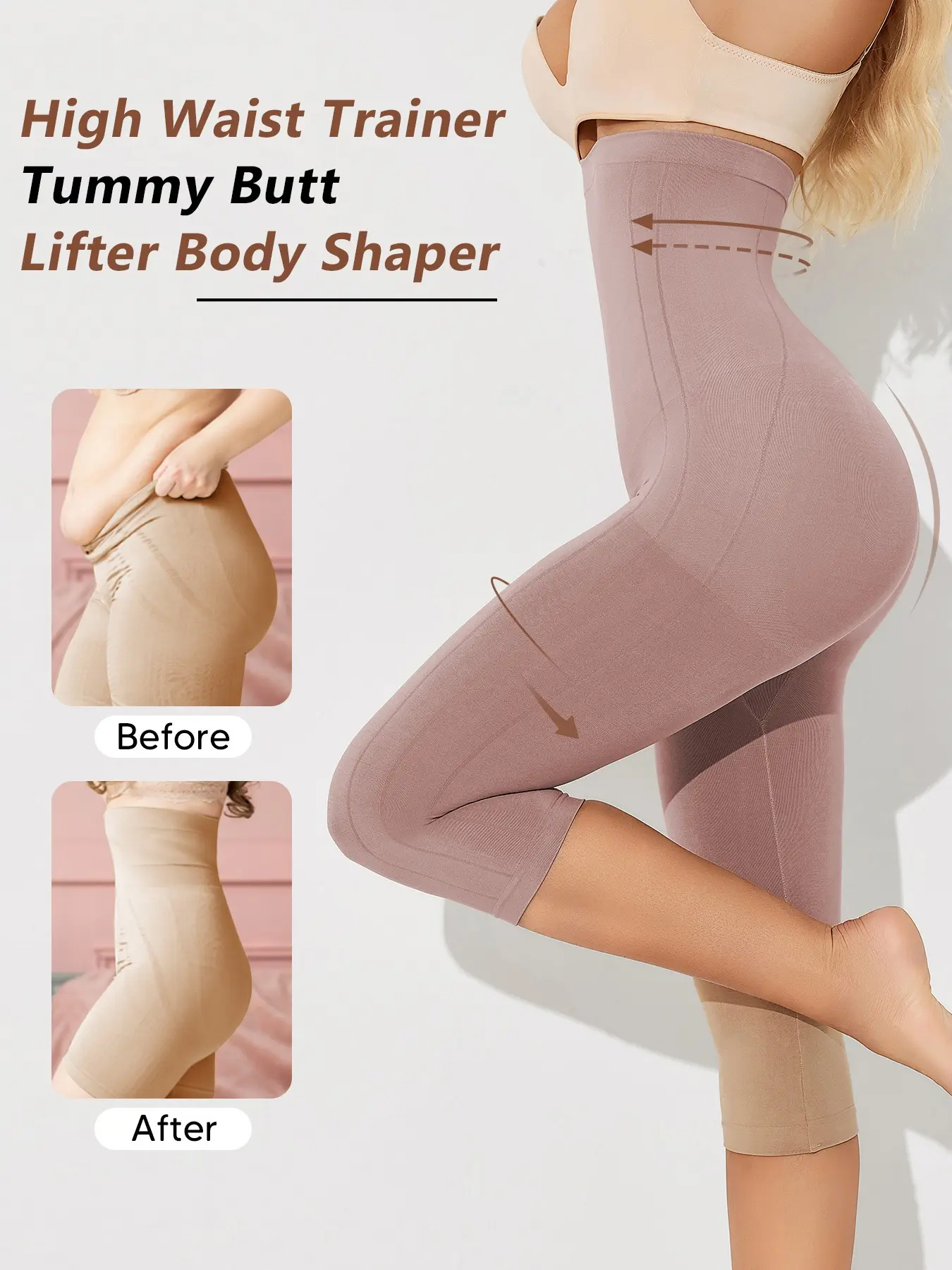 High Waist Shapewear Capri | Tummy Control, Hip & Thigh Sculpting, No-Roll Silicone Grip & Open Crotch, Seamless Invisible Under Dress & Jeans, Double-layer Waistband for Firm Compression