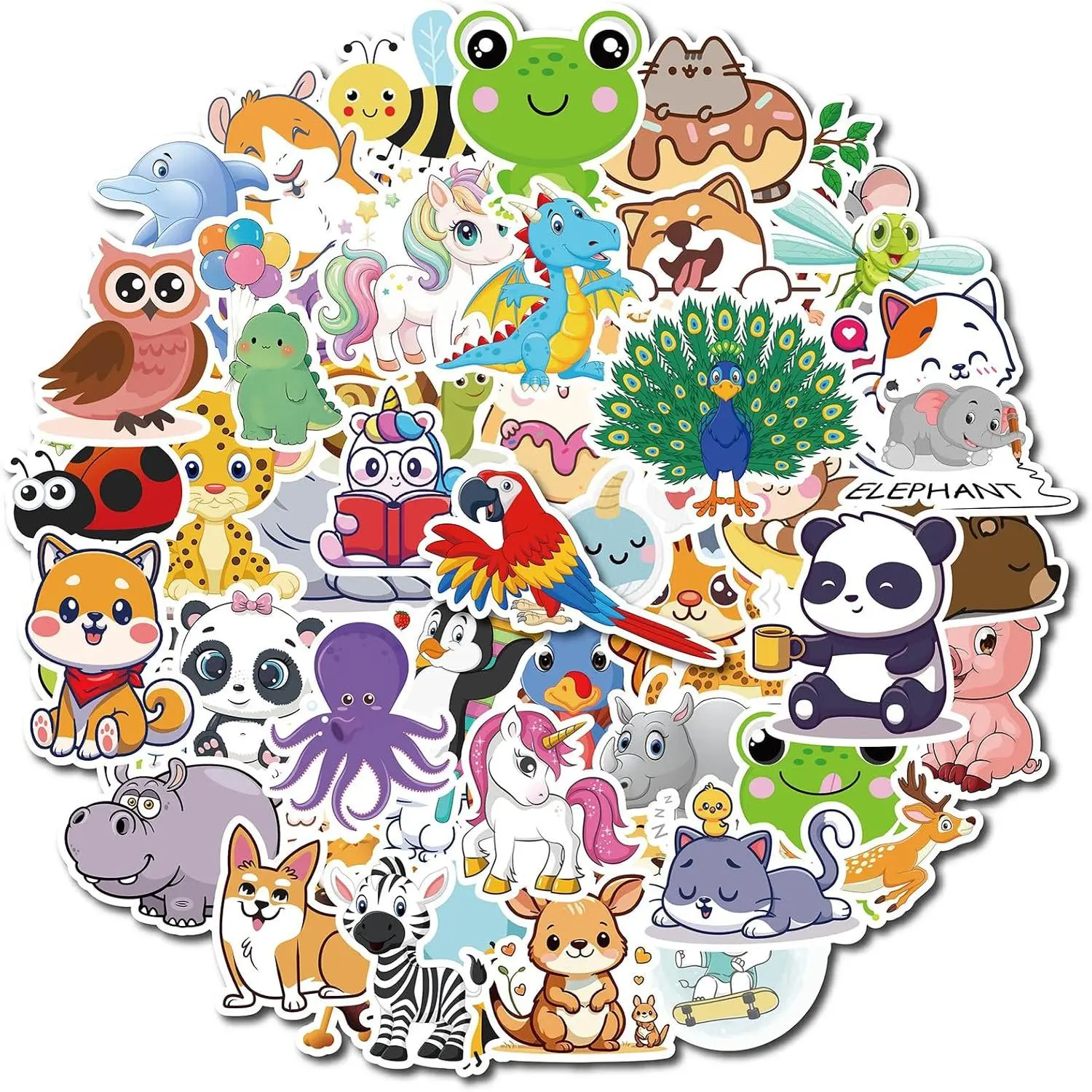 100-Count Removable Stickers Set for Water Bottles - Cute Cartoons & Unicorn Decals, Easy-to-Peel for Laptops, Mobile Phone Accessories