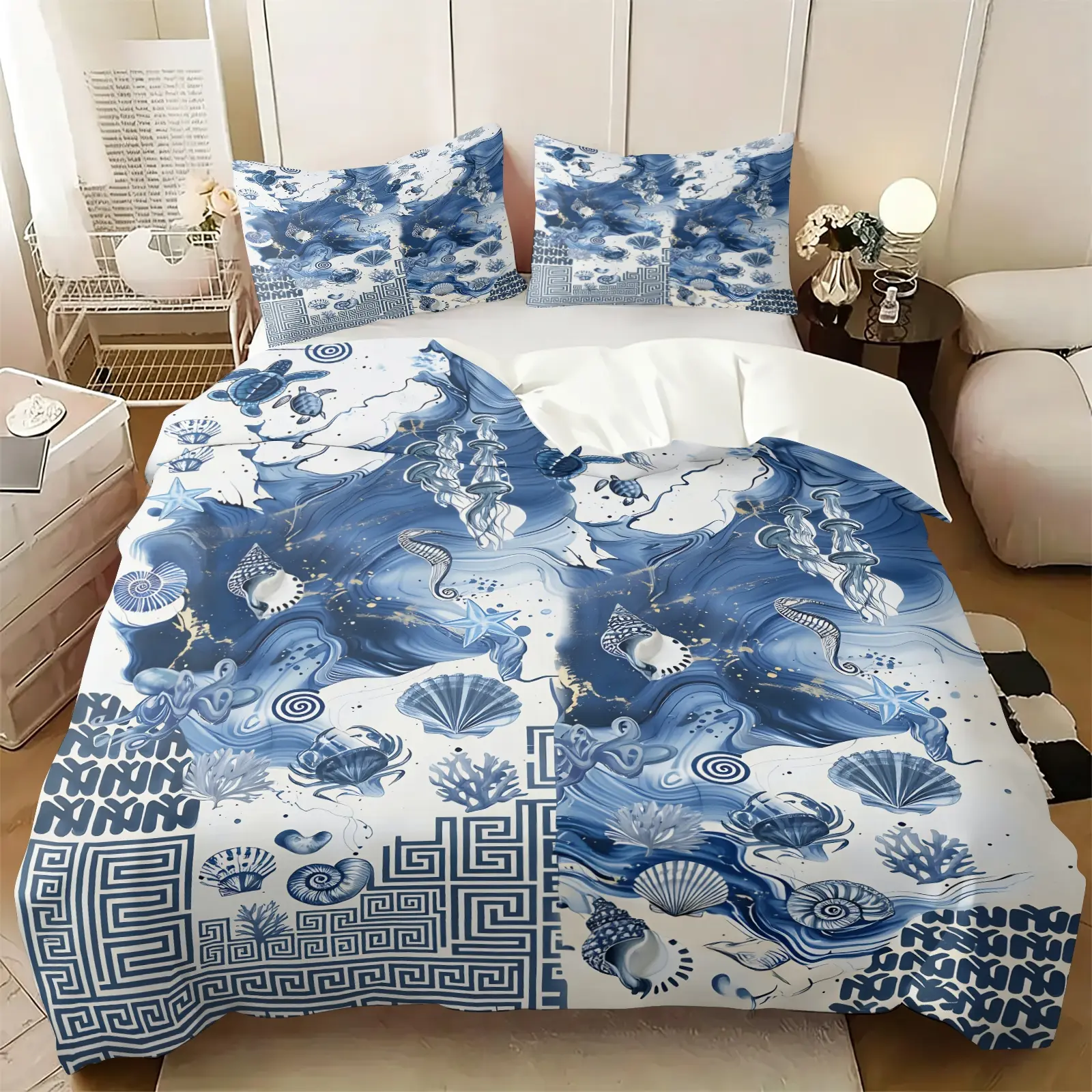 Blue Ink Marble Ocean Creature Print Duvet Cover Set, Includes 1-2 Pillowcases, Chinese Geometric Wave Seashell Bedding All Size, Marble Wave Coastal Bed Set, Soft Anti-Fade Fabric, Coastal Oriental Bedroom Decor, Sea Animal Lover Gift