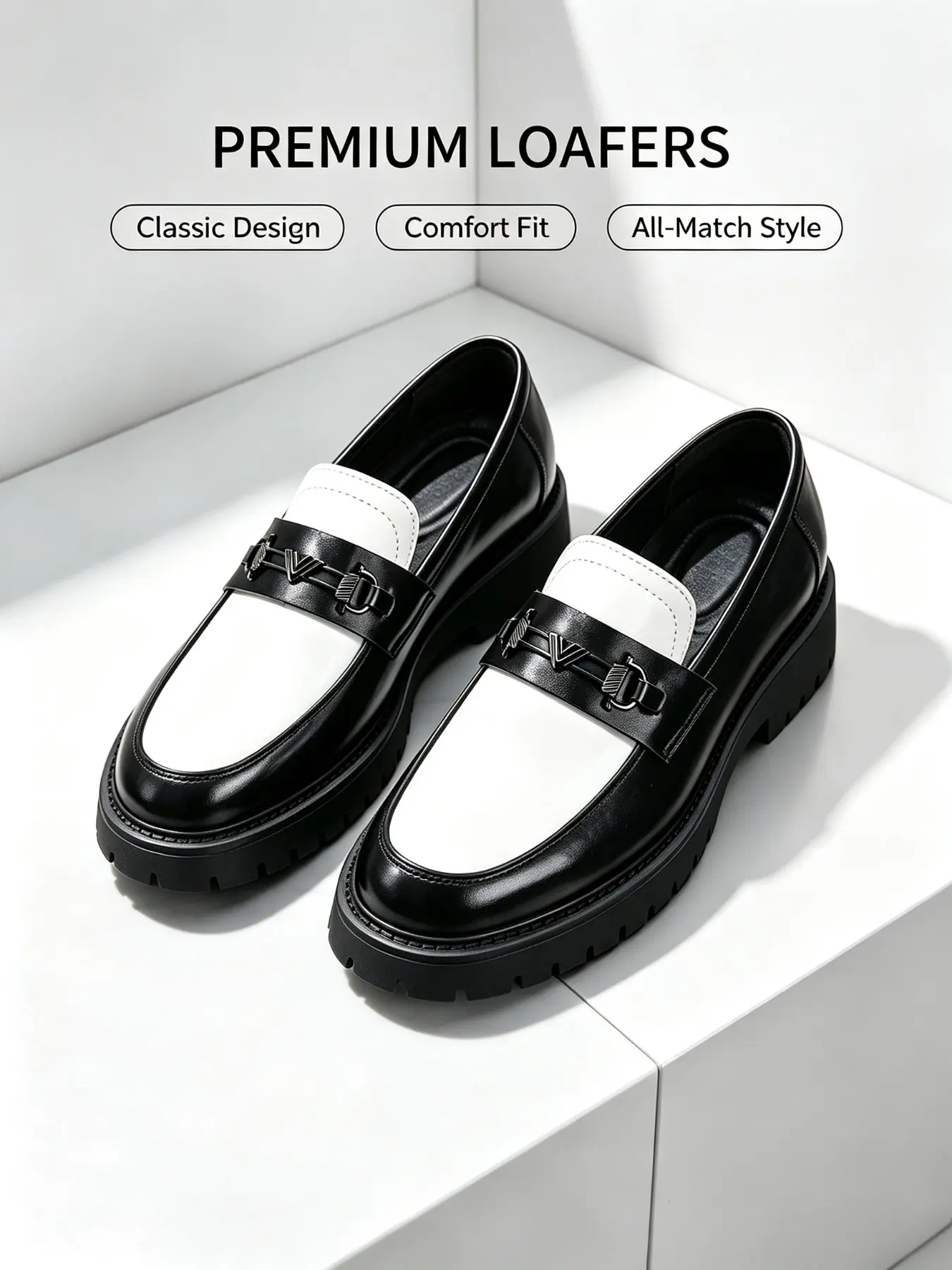 Men's Colorblock Thick Sole Metal Buckle Loafers, British Classic Style Slip-On Shoes, Height-Boosting Casual Formal Two-In-One