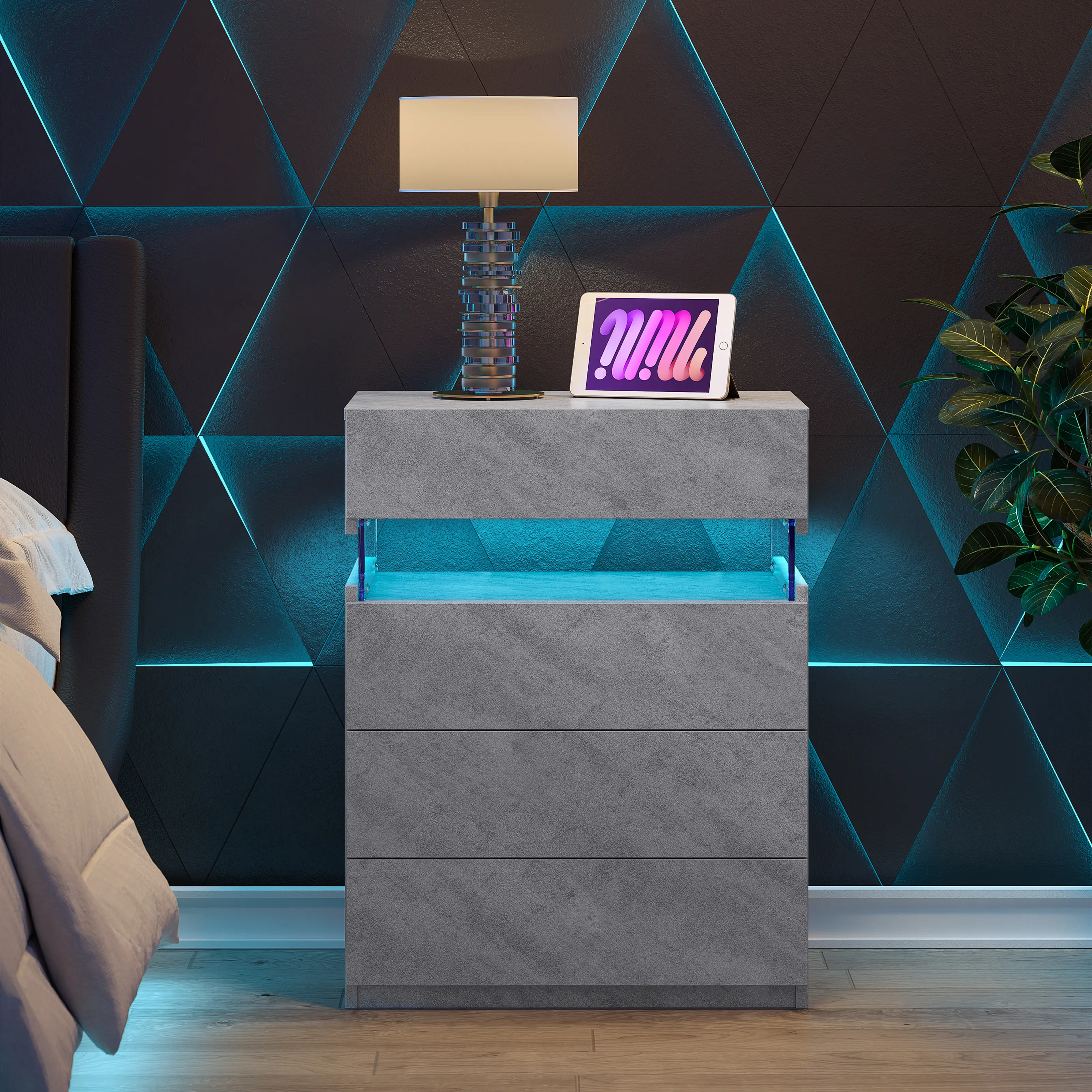 ARCH Nightstand with LED Lights Adjustable Colors Bedside Table Side Table 4 Drawers Modern Style Grey Small End Table for Bedroom Living Room Furniture with Storage, Bedroom Bedside Table for Bedroom, Guest Room, Dorm, Apartment and Small Spaces