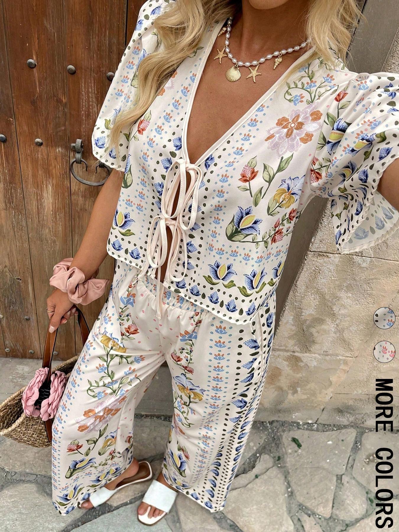 Two-piece Set Women's Floral Print Tie Front Crop Top & Wide Leg Pants, Boho Bohemian Casual Top & Trousers for Beach Vacation Holiday, Ladies Clothes for Summer, Womenswear, Matching Clothing Set, Casual Outfits Women, Casual Lounge Set