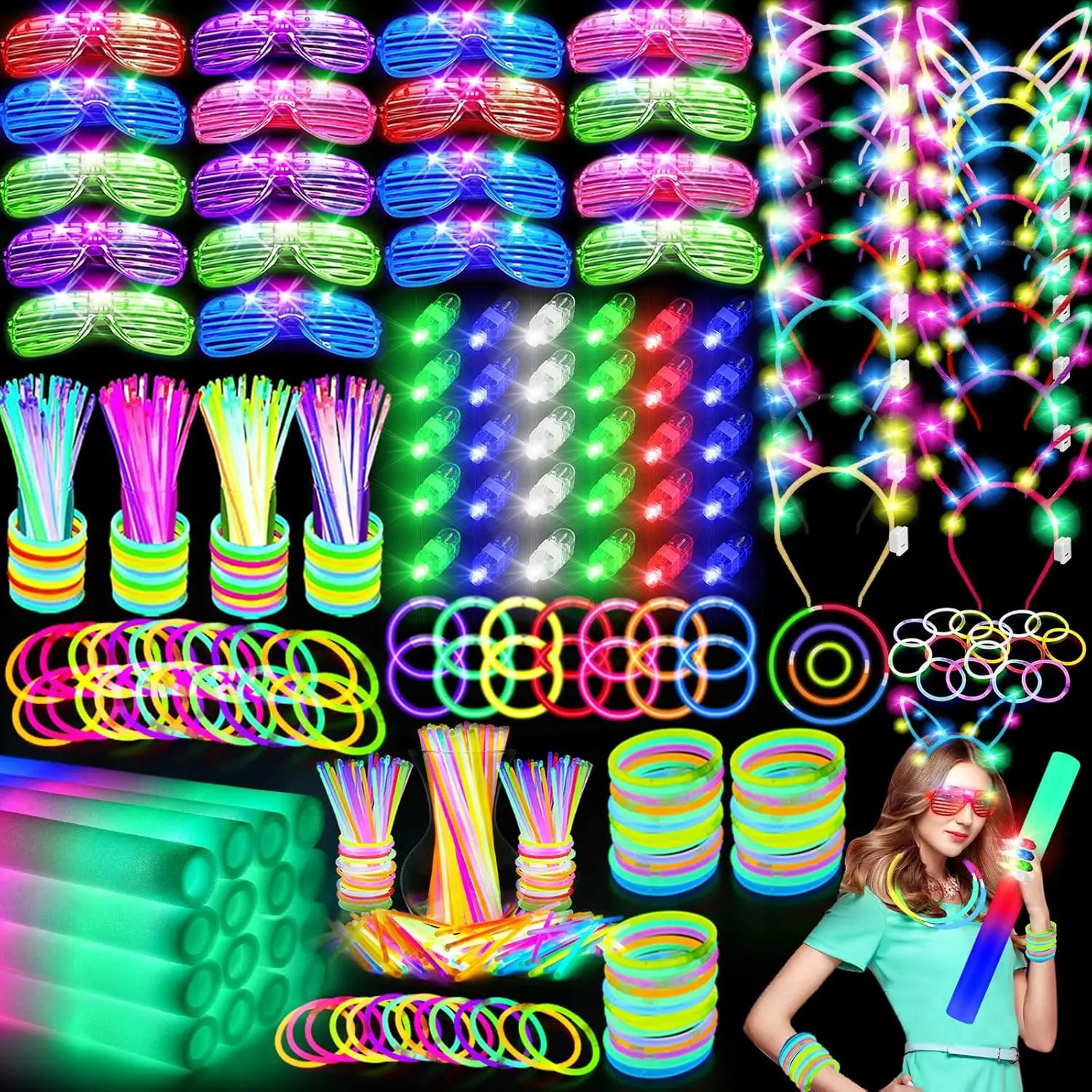 282 PCS Glow in the Dark Party Supplies, 18 Foam Sticks, 18 LED Glasses, 200 Glow Sticks, 30 Finger Lights, 8 Bunny Ear Headband and 8 LED Cat Ear Headband for Wedding,Birthday,Concert,New Yearfidget toys