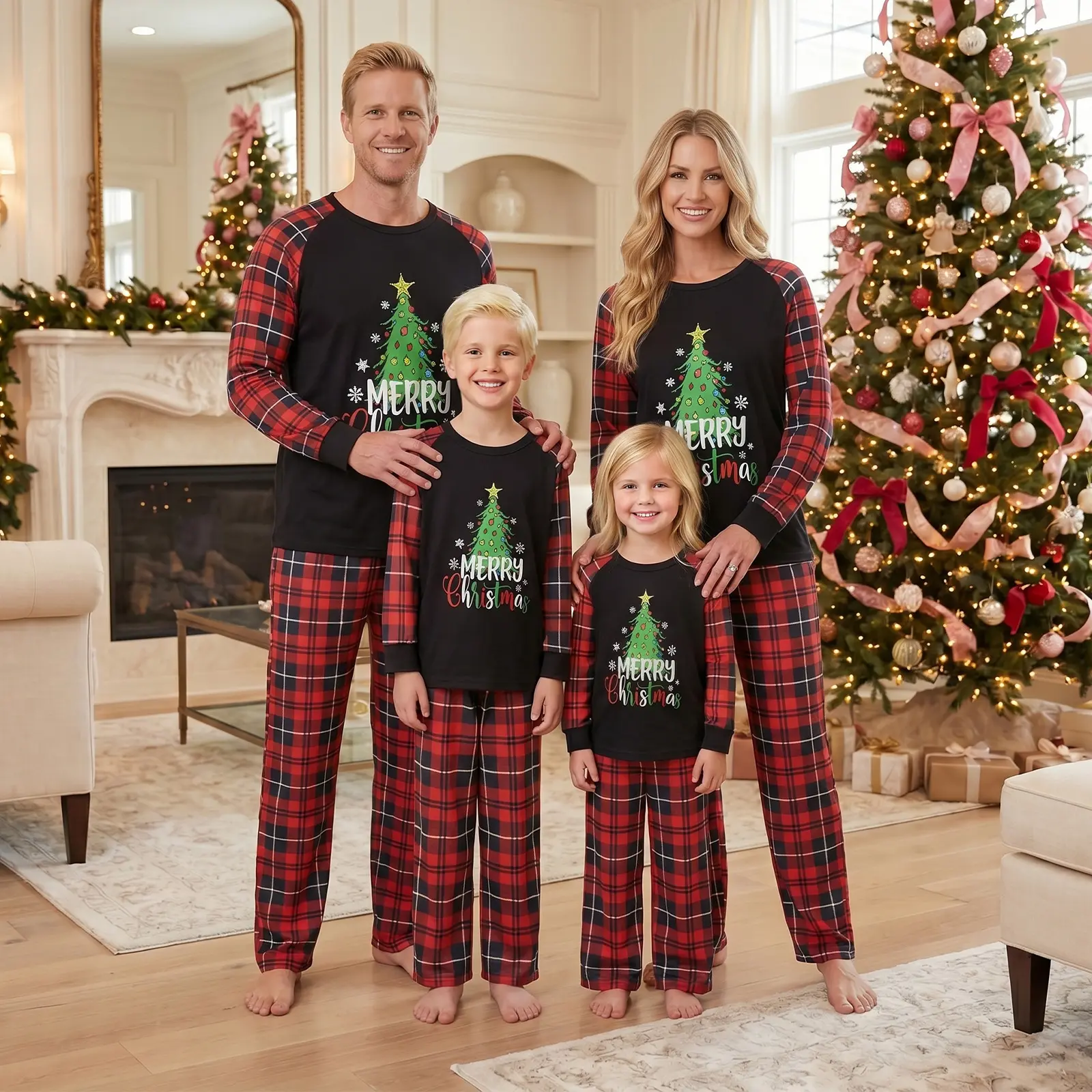 Family Matching Christmas Pajamas, Merry Christmas Tree Print Raglan Long Sleeve Shirts, Red Black Buffalo Plaid Pants, Holiday Family Sleepwear for Men Women Boys Girls