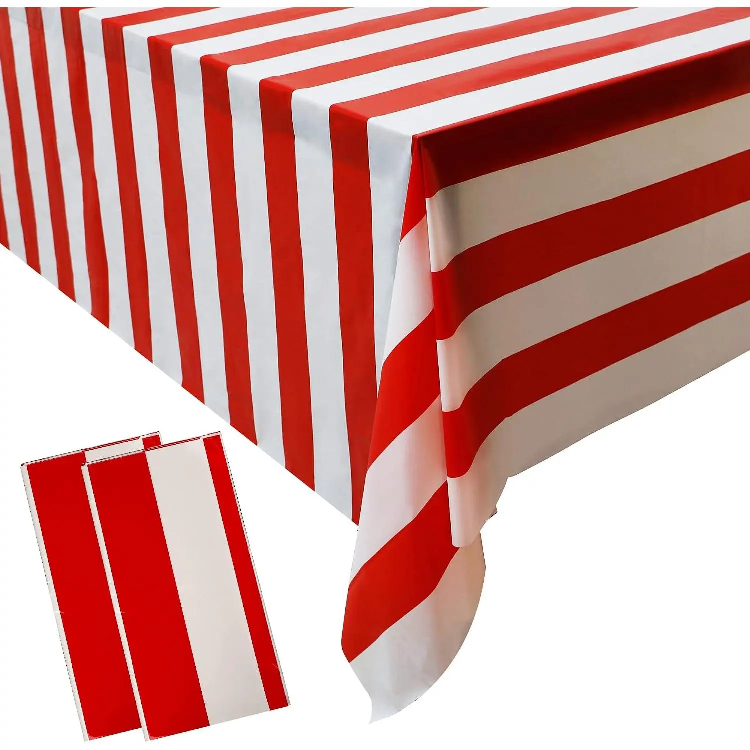 2 count Red and White Striped Tablecloth Plastic Stripe Table Cover Carnival Circus Tablecloths  Rectangle Tablecloth for Holiday Party Picnic Decoration, 54" x 107"