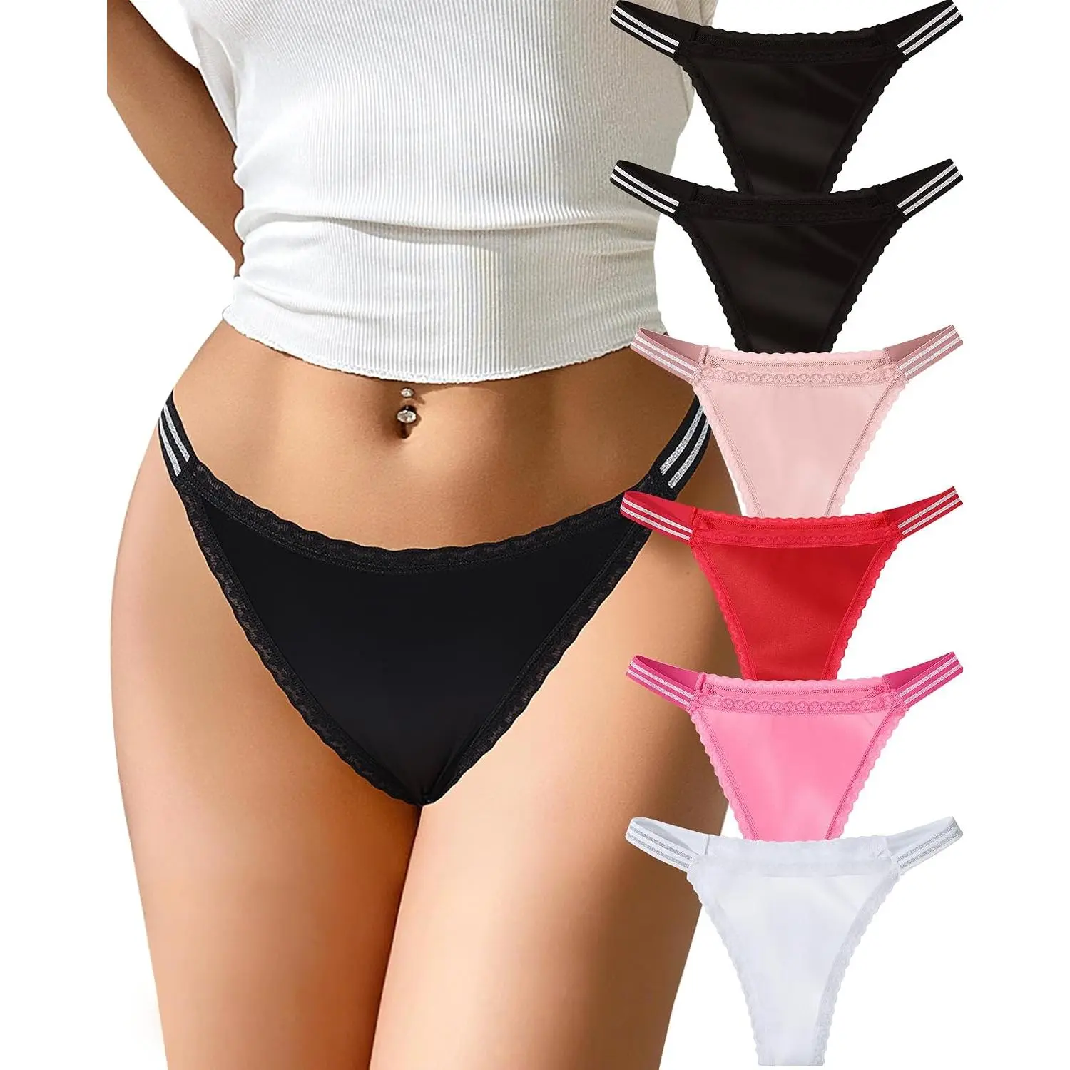 Thongs for Women Sexy G-String Thongs Lace Crystal Embellished Thong Seamless Lace Thong No Show Underwear 6 Pack