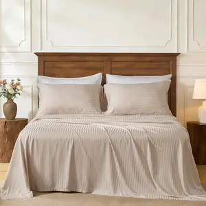 100% Viscose Derived from Bamboo Sheet Set 4pcs Luxury Cooling Soft Breathable Striped Bed Sheet Set with 15-Inch Deep Perfect for Hot Sleepers (Beige,Queen)