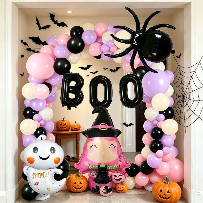 108-Piece Matte Purple BOO Halloween Balloon Set，Includes cute witch, ghost, spider foil balloons，Perfect for Halloween Parties, Trick or Treat, Halloween Welcome Decoration for Entryway/Patio，Horror-themed party decorations