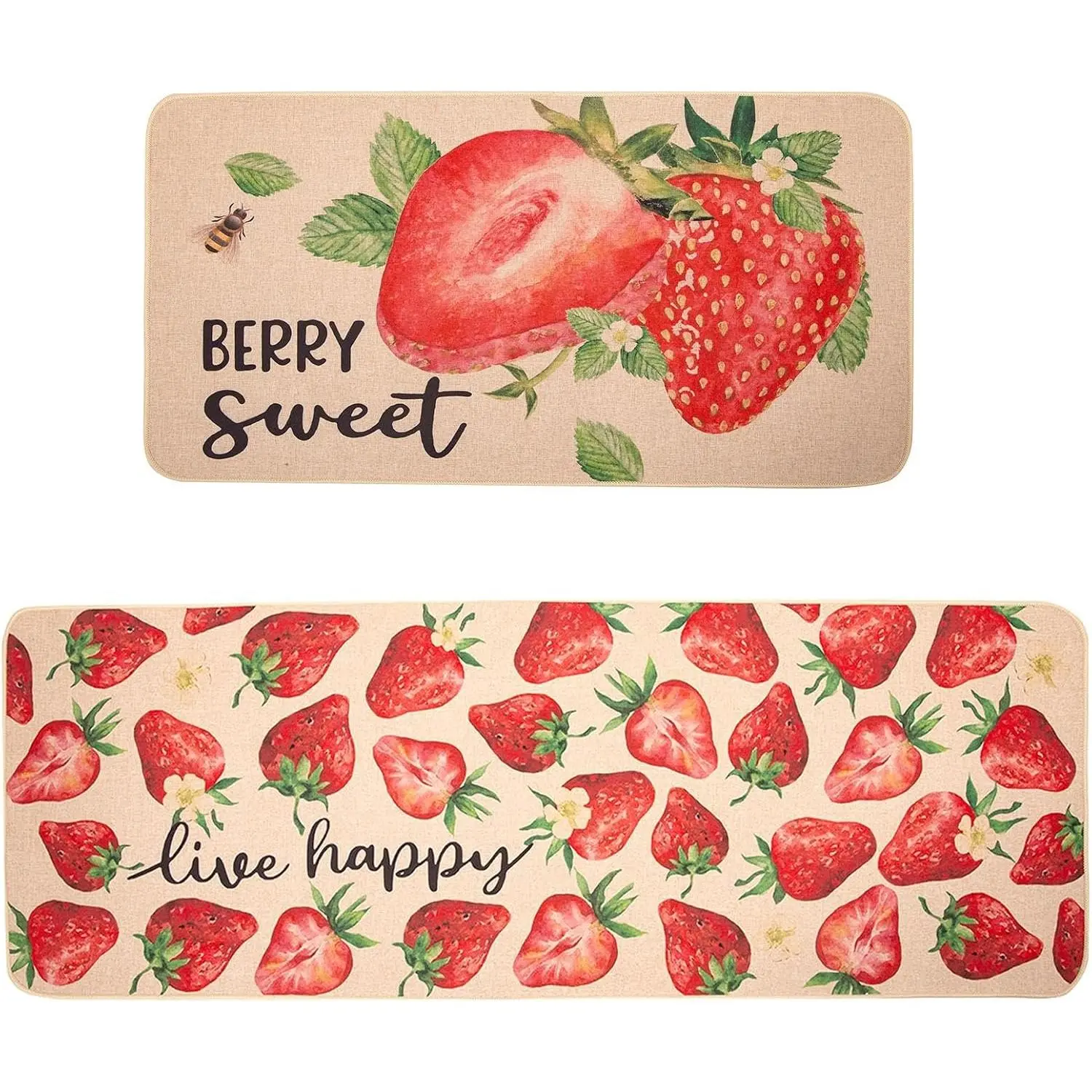 2 count Strawberry Rug Set Kitchen Decor, Cushioned Anti-Skid for  | Spring Summer Seasonal Strawberry Kitchen Rug, Non-Slip Linen Mats, 17x29 and 17x47 Inch