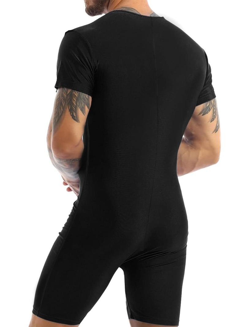Men's Solid Zipper Sauna Romper, Casual Comfy Breathable Short Sleeve Athletic Compression Sauna Romper for Working Out, Men's Sportswear for All Seasons