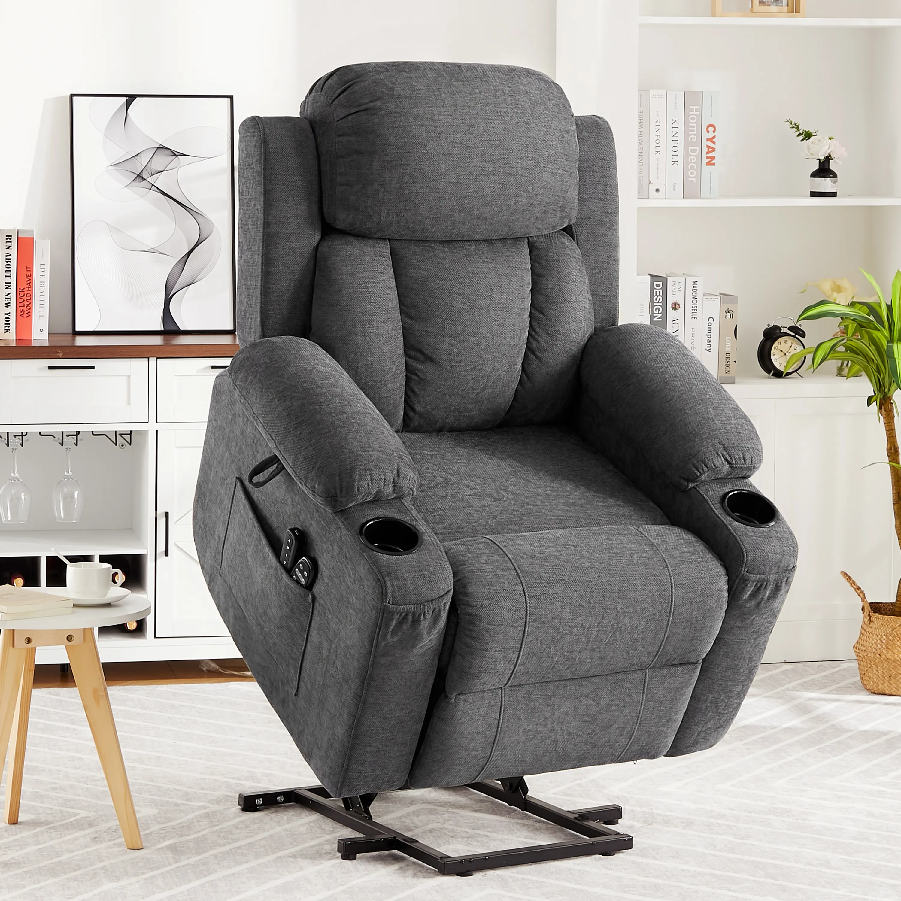 Oversized Power Lift Recliner Chair – with Heat Massage, Electric Lift Recliner with Memory Remote – 8 Vibration Points, 3 Massage Modes, 3 Heat Levels – 2 Cup Holders & USB Charging Port
