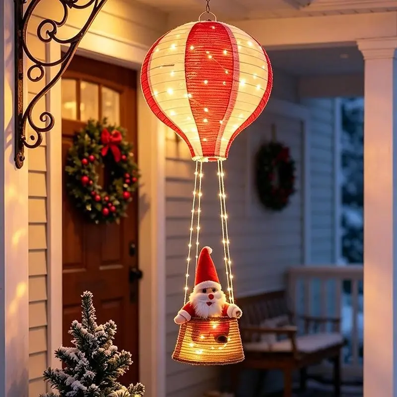 Christmas Hot Air Balloon Lantern, Battery-Powered Santa Lantern, 8 Light Modes, Indoor Outdoor Holiday Decor, Christmas Gift, Women's Gift