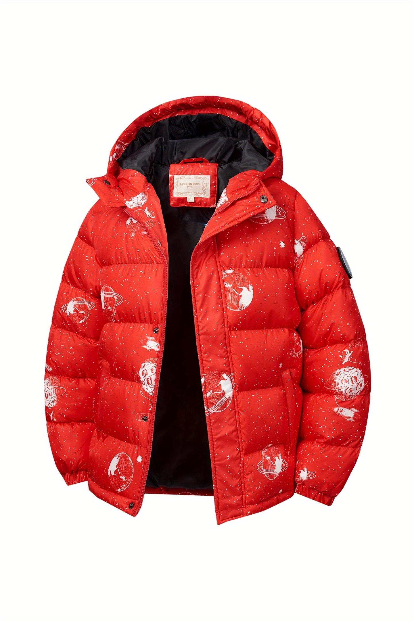 (New)Boys' Winter Hooded Jacket - Thickened Warm Coat with Zipper Closure, Red & Casual Outerwear, Polyester, Regular Fit for Cold Weather, Winter Coat for Boys, Durable Kids' Clothing