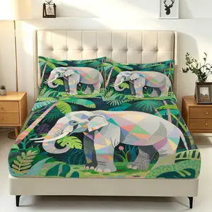 3Pcs Vibrant Jungle Wildlife Digital Print Fitted Sheet Set, No Fillers Forest Elephant Owl Tiger Bed Sheet Set Bedding Set, Deep Pocket Bed Linen for Bedroom Dorm Cabin, Nature Animal Pattern Bed Decor for Wildlife Lovers Adults