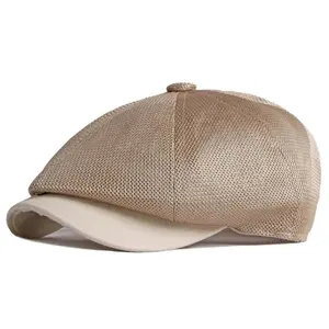 Solid Color Mesh British Beret Hollow-Out with Snap Buckle Gentleman Octagonal Cap Polyester Vintage Breathable Artist Hat Men