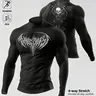 Men's high-elasticity, tailored sports top with a dark, skull-and-crossbones print design, snug fit, long sleeves for fitness activities, wind-resistant, breathable, compression sportswear, Athletic Sports Top Workout Gym Top