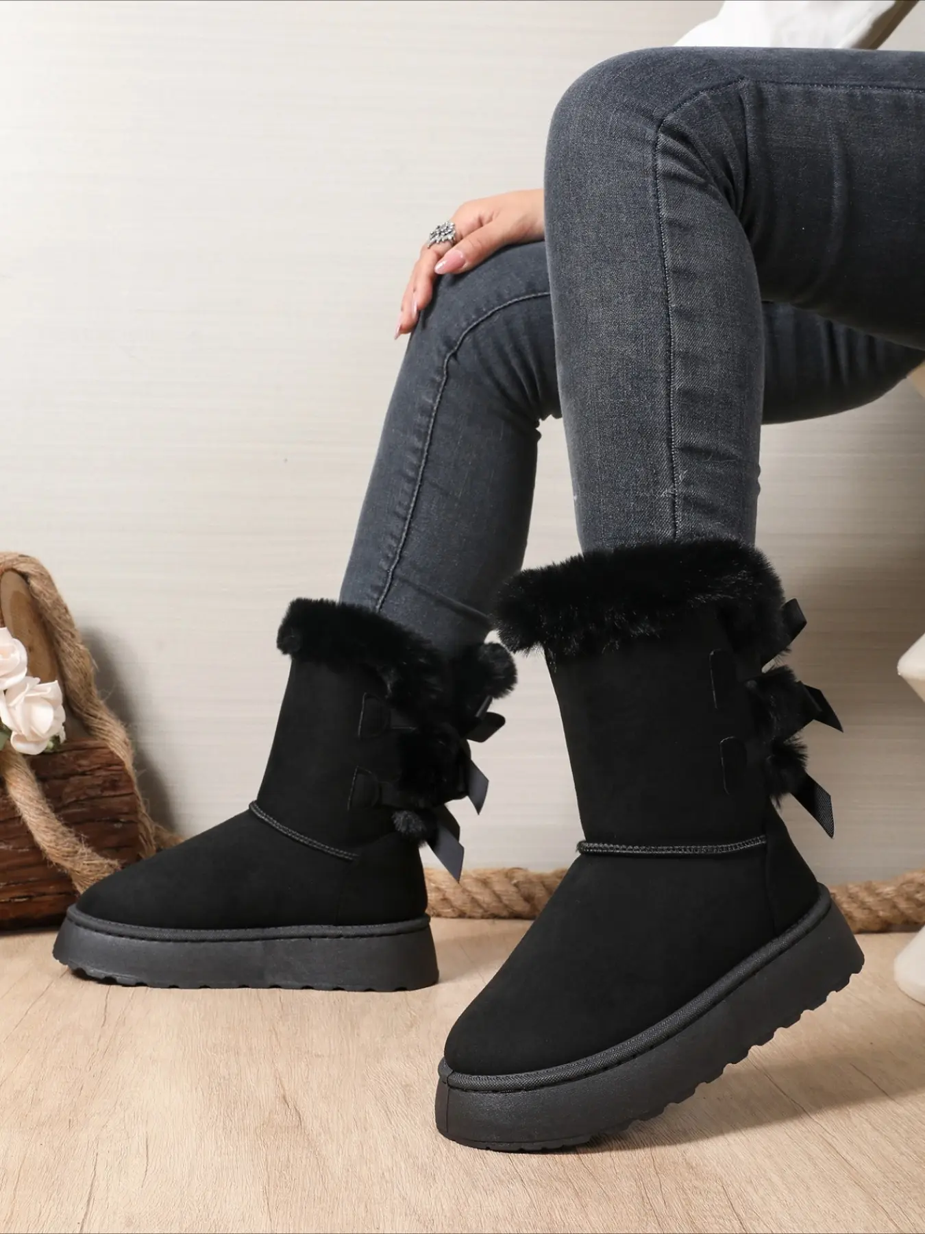 Platform mid-calf snow boots with fluffy trim and back bow plush lined anti-slip sweet versatile winter women shoes in three colors