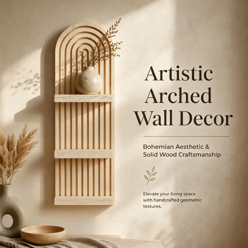 Natural Solid Wood Arch Wall Mount Shelf Boho Handmade Geometric Texture Wall Decor Storage Rack Wooden Shelf for Wall